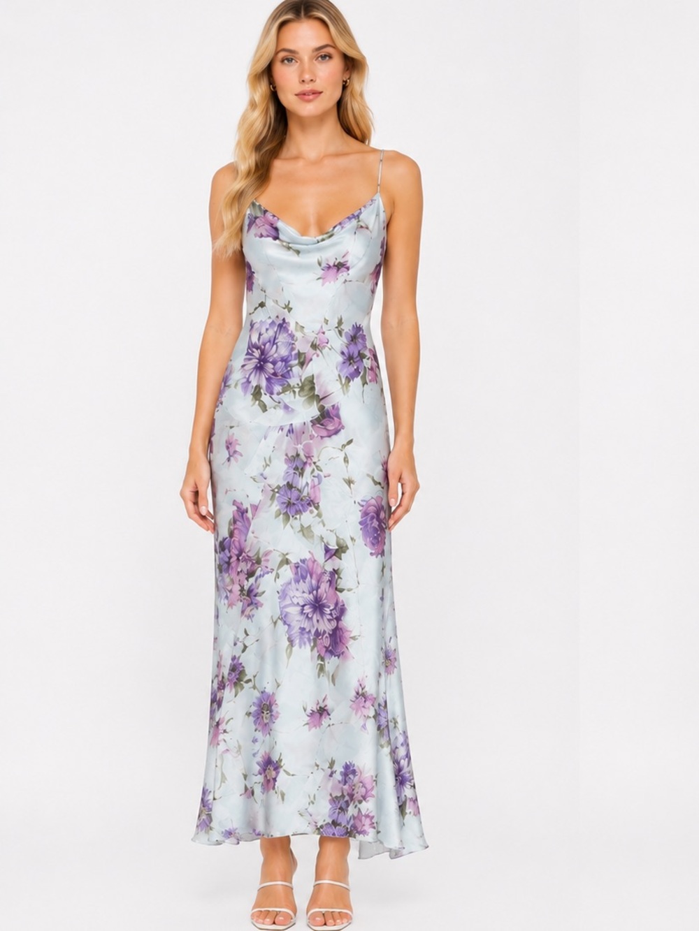 100% SILK Floral Blue Purple Cowl Neck slip formal dress ruffle